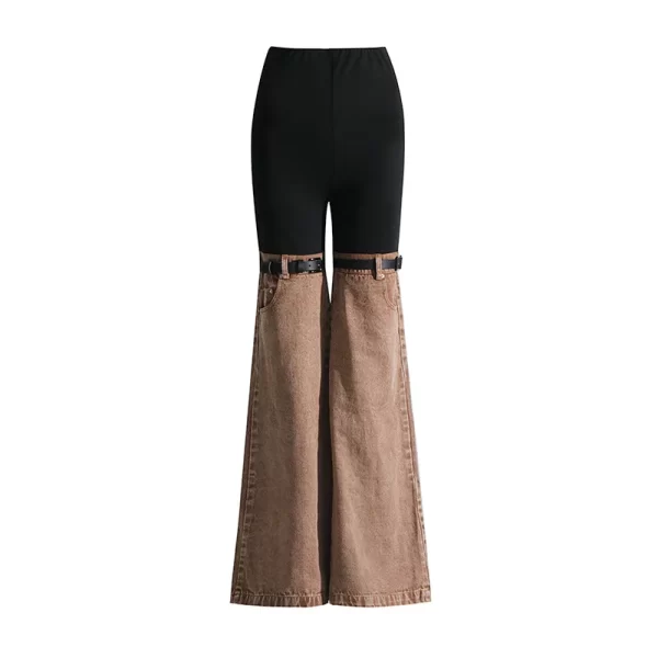 LE1078 Spring New High-Waisted Splicing Personality Design Denim Pants Women's Straight Flared Pants - Image 4