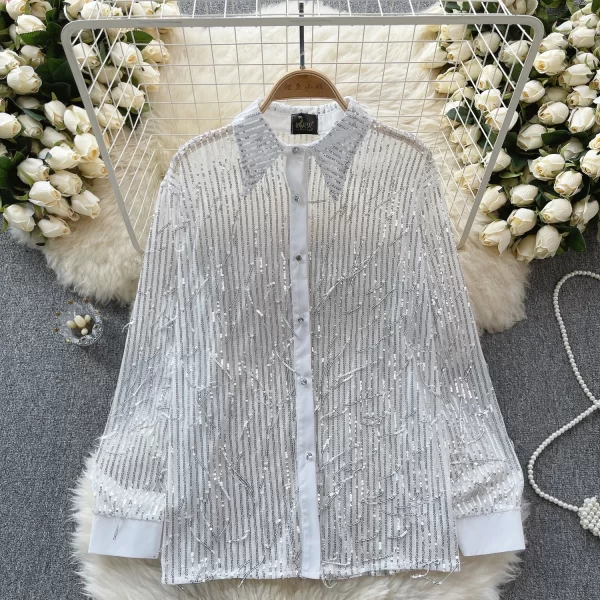 LE4031 Senior Sense Sequin Fringe Shirt Women'S Spring New Thin See-Through Gauze Blouse Shirt - Image 5
