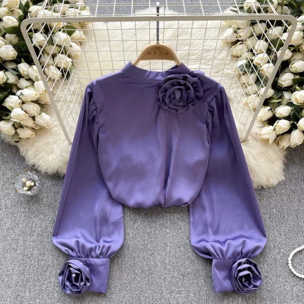 LE4039 French Shirt Women Three-Dimensional Flower Long-Sleeved Temperament Satin Shirt Spring New Top Everything - Image 2