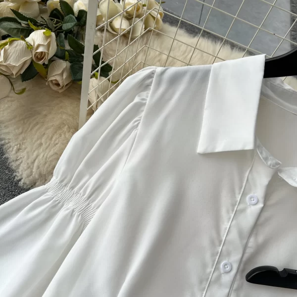 LE2067 French Court Style Bubble Sleeve Single-Breasted Shirt Dress + Halter Print Small Vest Two-Piece Set - Image 5