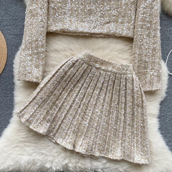 LE2103 Sweet Age Reduction Short Beaded Tweed Coat High Waist Slimming Pleated Skirt Autumn and Winter Small Fragrance Suit - Image 2