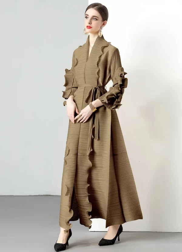 LE1751 Miyake Pleated Long Petal Sleeve Dress Lapel Cardigan Sashes Loose High Long Dress Fall Winter Women Designer Clothes - Image 4