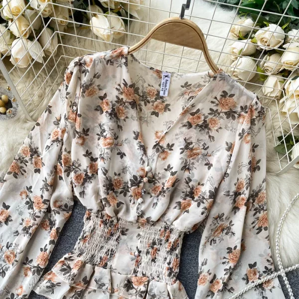 LE4015 Chiffon Long Sleeve Shirt Women'S Waist Slimming Temperament V-Neck Slim Short Puffed Sleeves - Image 4