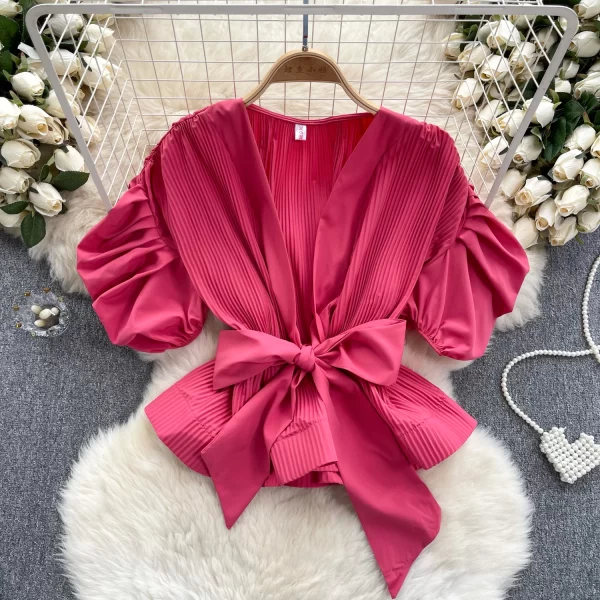 LE4036 Design Sense Pleated Bubble Sleeve French Shirt Lady Sweet Bow Waist Folding Lotus Leaf Pleated Blouse Lady - Image 3