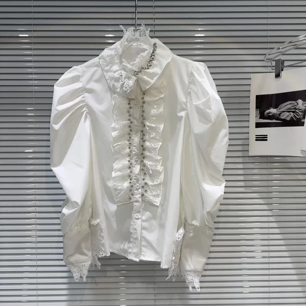 LE20561 New French Small Fragrance Nail Bead Ruffled Lace Temperament Socialite Blouse